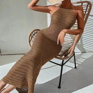Mocha Brown Boho Womens Crochet Backless Halter Neck Bodycon Dress
